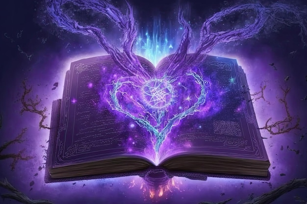 Open magical book with glowing lights over pages on abstract background Generative AI