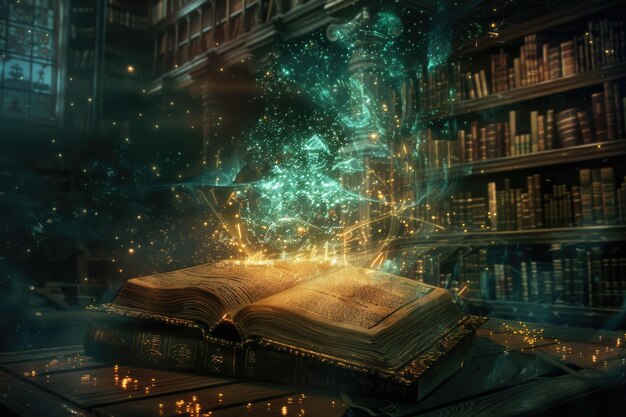 An open magical book with glowing pages resting on a table