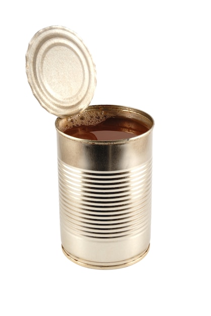 The open metal can on a light grey background