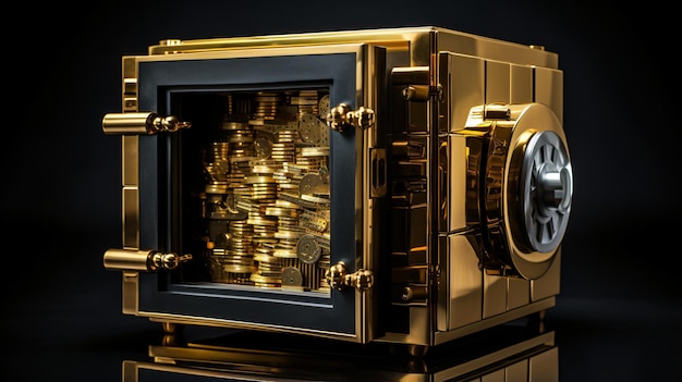 Open metal safe with gold bars