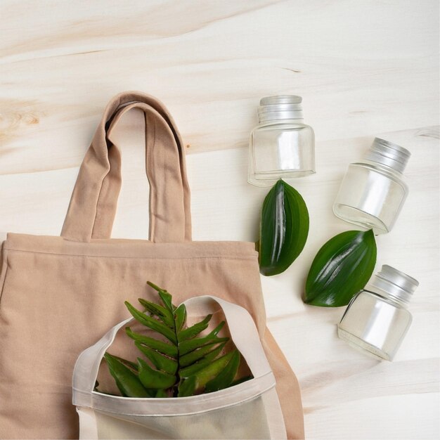 Foto open milieuvriendelijke herbruikbare katoenen zak met de cosmetische containers pastelkleurenfresche natuurlijke bladeren