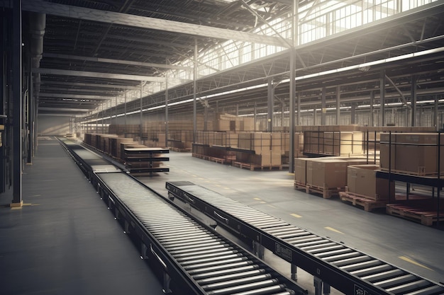 Open modern logistics warehouse conveyor belt transportation AI generated