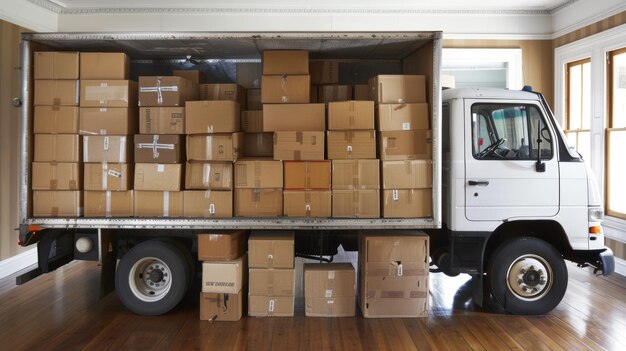 Photo open moving truck filled with cardboard boxes parked in a suburban house driveway