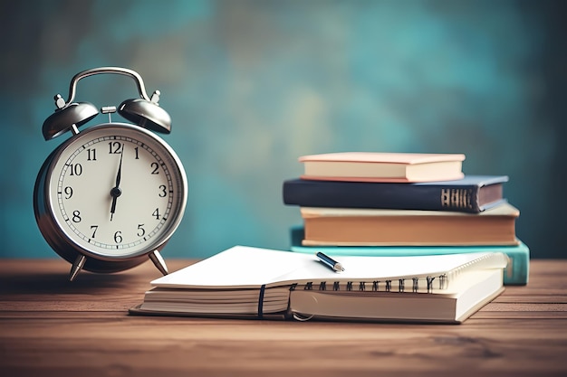 Open notebook pen alarm clock stack of books on an old wooden table