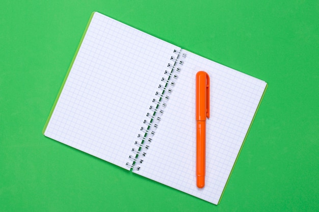 Open notebook and pen on a green background