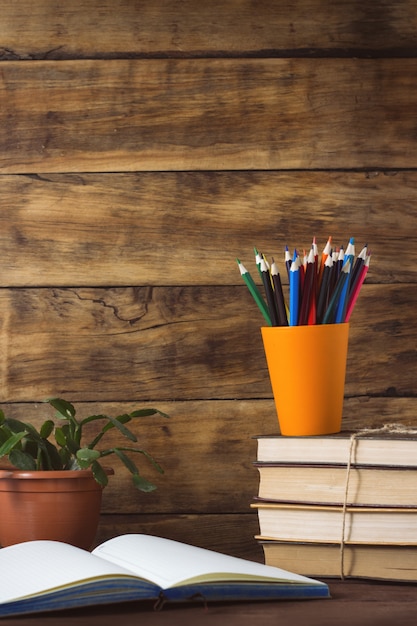 Open Notebook, Pile of Books, Colored Pencils in a Plastic Glass and Flower in a Pot on a Wooden Background