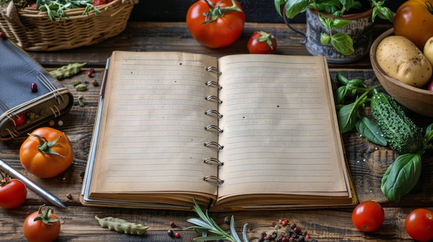 Open Notebook Surrounded by Vegetables and Spices