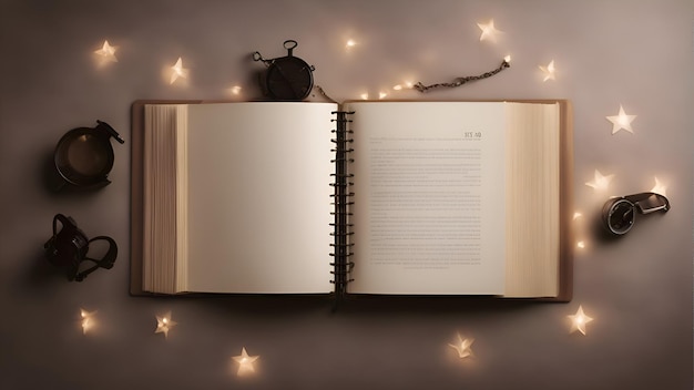 Open notebook with blank pages on a gray background with a garland