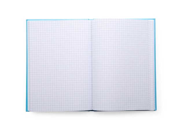 Open notebook with blank sheets isolated on white top view