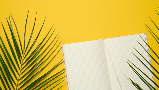 Open notebook with blank white sheets on a yellow background, top view.