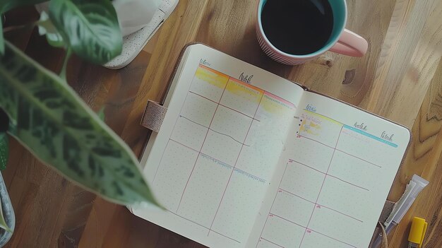 An open notebook with a cup of coffee on a wooden table The notebook has a monthly calendar on the left page and a todo list on the right page