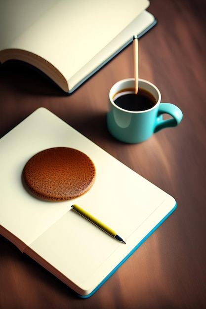 Open notebook with empty page and coffee cup
