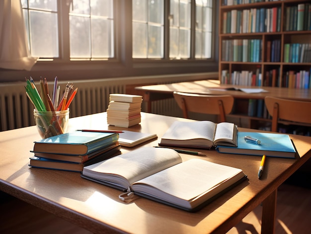 An open notebook with pencils on the student desk