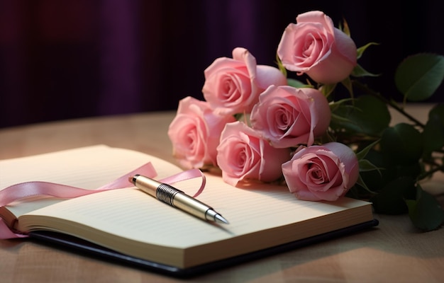 나무 테이블에 분홍색 장미와 펜 불이 켜진 촛불이 있는 노트북 열기