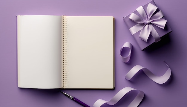 Photo open notebook with a purple ribbon and a gift on a purple background