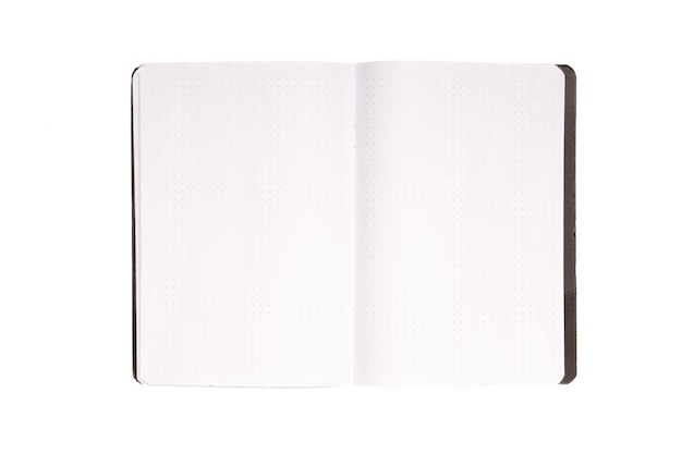 Open notepad with black cover isolated on white background