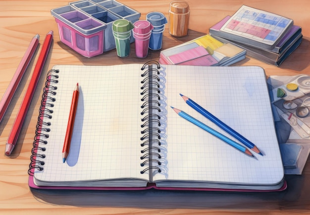 Open notitieboek en verschillende schoolgereedschappen