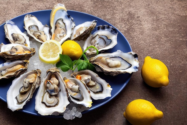 Open oesters in metalen koperen plaat op donkere houten ondergrond met citroenen