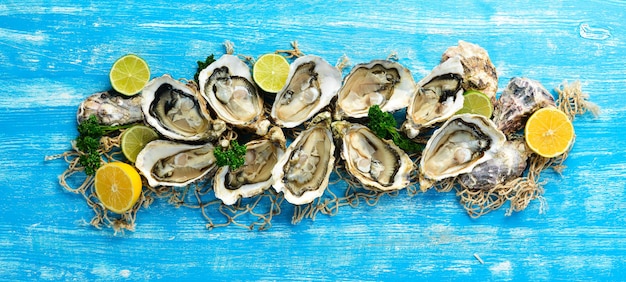 Open oesters op de achtergrond van een blauwe zee. Vrije ruimte voor tekst. Bovenaanzicht. Plat leggen.