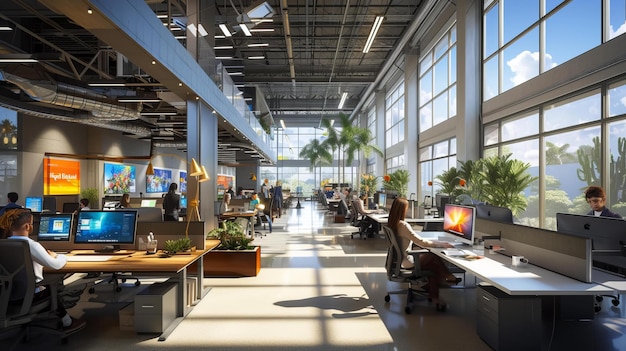 Open office layout interactive screens collaboration areas people in motion vibrant yet professional AI Generative