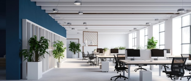 open office space featuring white and blue elements