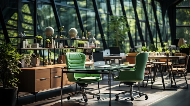 An open office with a green desk and a green chair