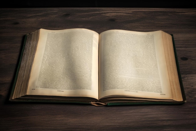 An open old book displayed on a dark wooden background