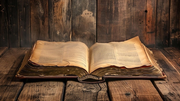 Open old book on wooden background