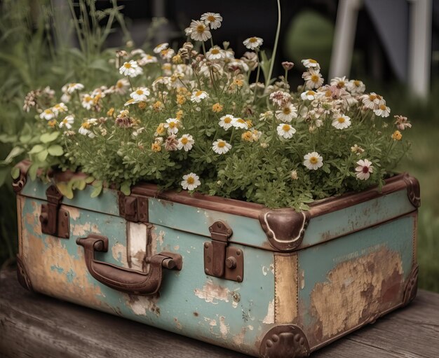 Open oude vintage koffer met wilde bloemen erin Selectieve zachte focus