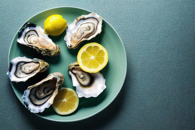 Open oysters in metal copper plate on dark wooden background with lemons