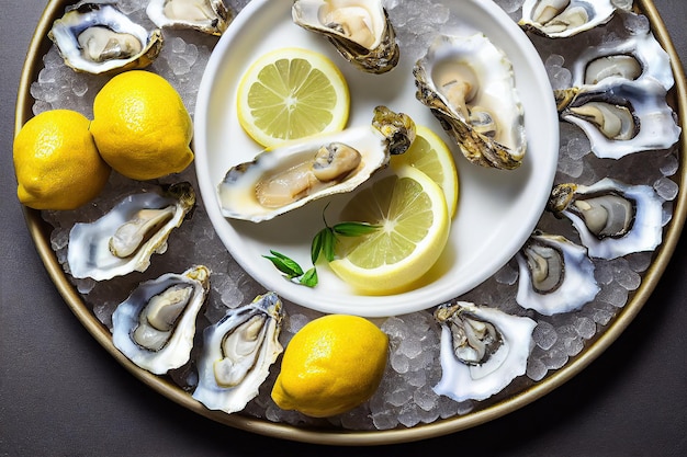 Open oysters in metal copper plate on dark wooden background with lemons