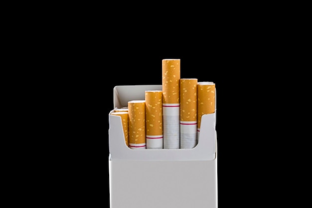 Open pack of cigarettes standing isolated