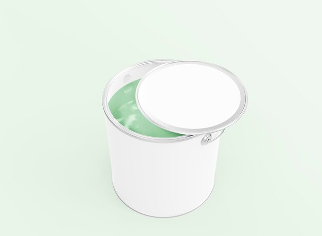 Photo open paint bucket with green paint mockup on green background 3d rendering