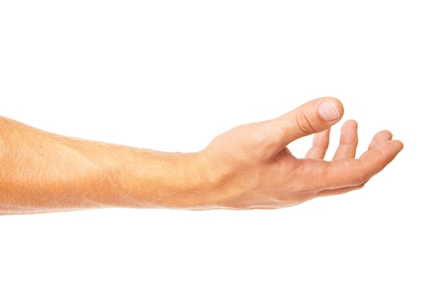 Open palm hand gesture of male hand. Isolated on a white background