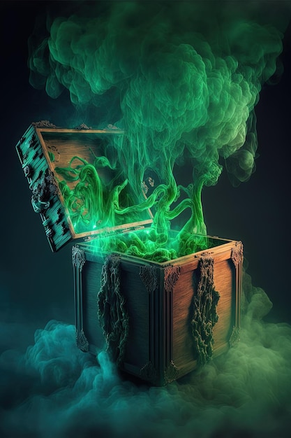 Open pandora's box with green smoke on a wooden background Digital illustration AI