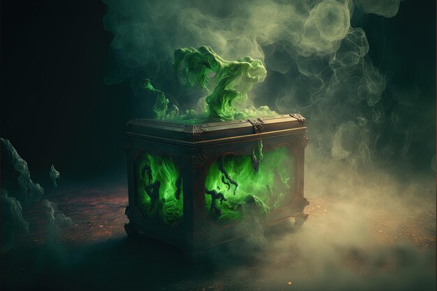 Premium Photo  Open pandora's box with green smoke on a wooden background  digital illustration ai