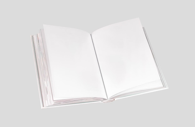 Open papieren boek met witte lege lege pagina's mock up Literatuur mockup op grijze achtergrond