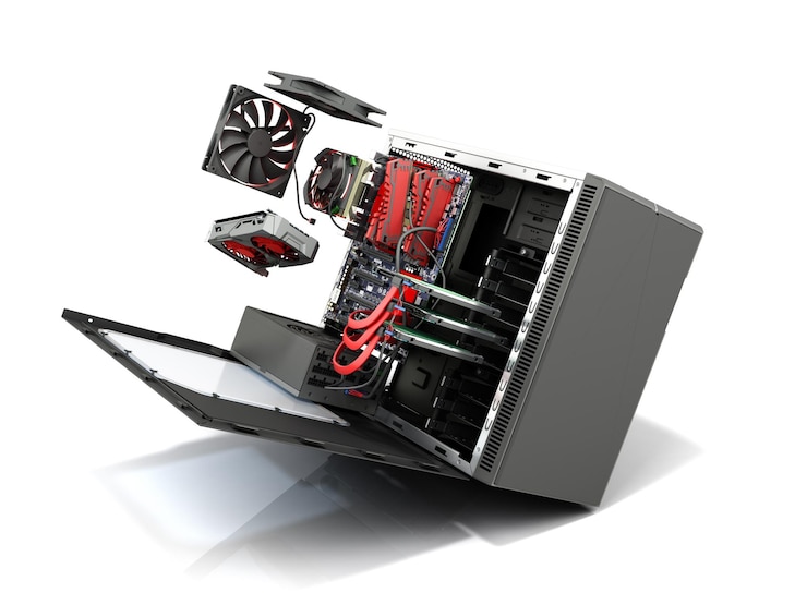 Foto open pc case met interne onderdelen moederbord koeler videokaart stroomvoorziening hdd drives 3d rendering op wit