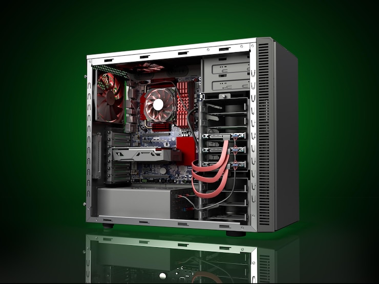 Photo 내부 부품이 있는 pc 케이스, 메인보드 냉각기, 비디오 카드, 전원 공급 장치, hdd 드라이브, 3d 렌더링, 다크 그린