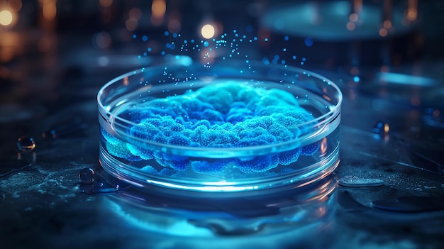 An open Petri dish on a laboratory table with a blue bioluminescent bacterial culture AI Generated