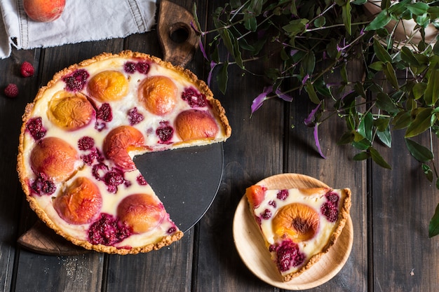 open pie with peach and raspberry