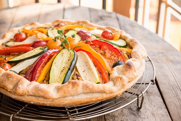 Open pie with vegetables on a cooling rack