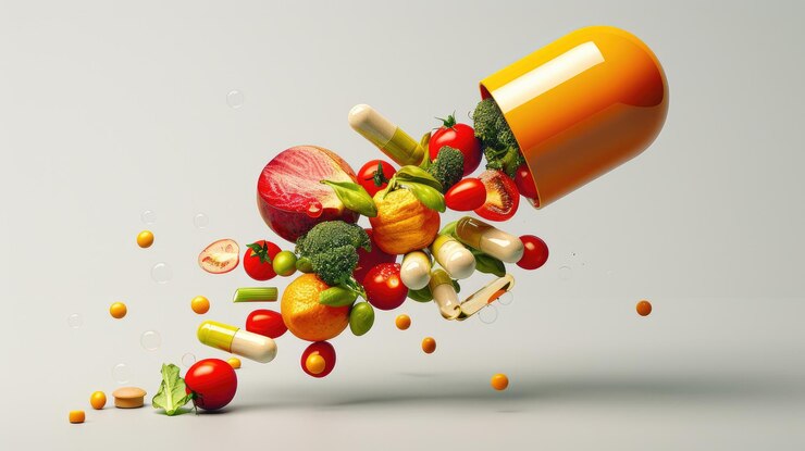 Photo an open pill with fresh vegetables and fruits spilling out vitamins derived from natural