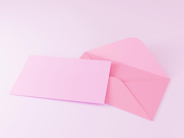분홍색 배경 3D 렌더링 그림에 빈 카드가 있는 분홍색 봉투를 엽니다.