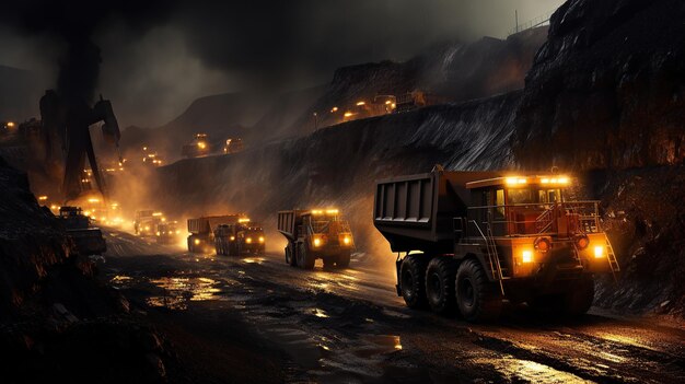 open pit coal mine massive mining trucks and excavator generative AI