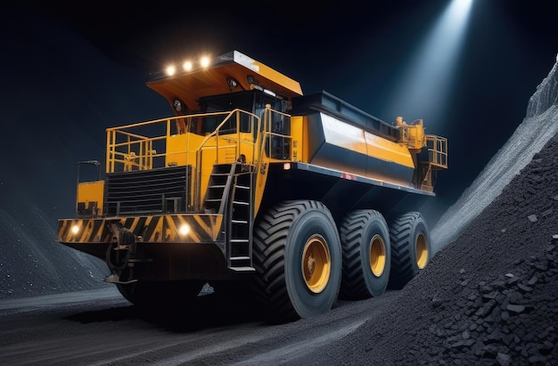 Открытая добыча угля Большой горнодобывающий грузовик забирает уголь из угольной шахты ночью