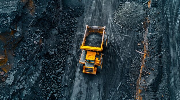 Photo open pit mine industry big yellow mining truck for coal anthracite extraction