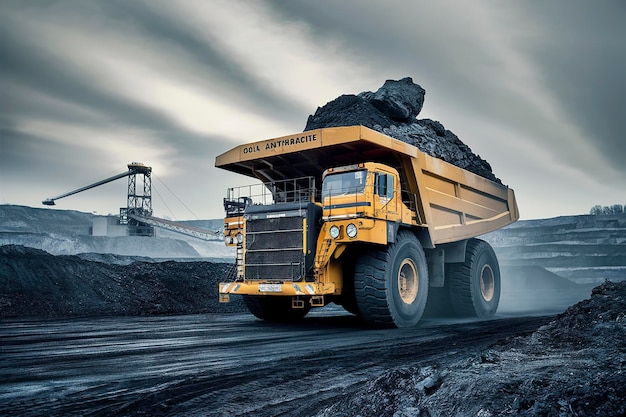 Foto industria delle miniere a cielo aperto grande camion giallo per l'antracite del carbone