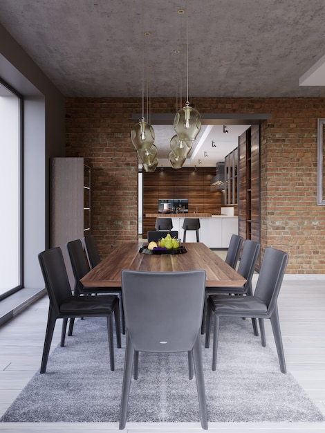 Open plan appartement interieur, keuken en eethoek. 3D-rendering