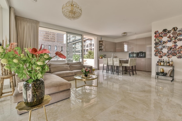 Open plan kitchen with living room